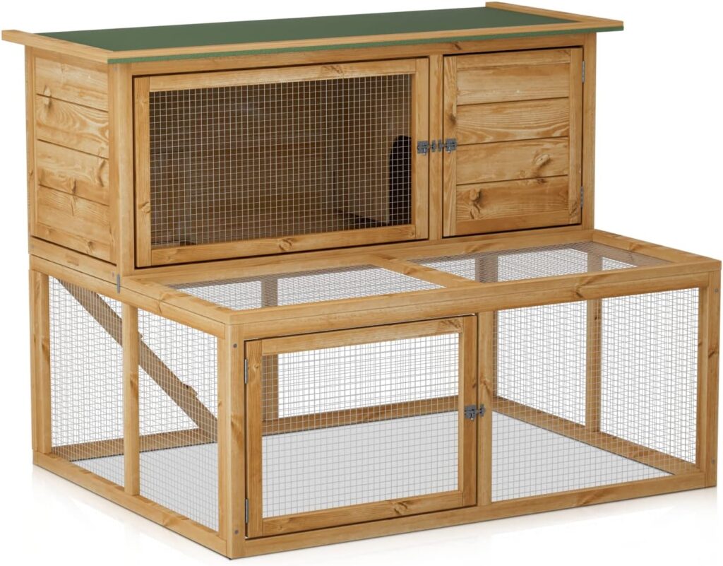 MoNiBloom 2-Level Chicken Coop with Run and Ventilated Wood Hen House - Spacious 47 x 35 x 35.5 inches Small Animal House with Removable Tray, Ramp, and Asphalt Roof for Hens, Quail, and Bunnies