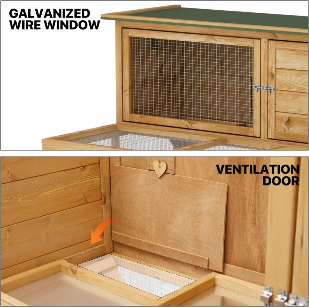 MoNiBloom 2-Level Chicken Coop with Run and Ventilated Wood Hen House - Spacious 47 x 35 x 35.5 inches Small Animal House with Removable Tray, Ramp, and Asphalt Roof for Hens, Quail, and Bunnies