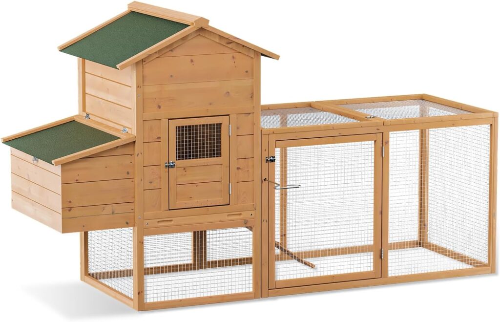 MoNiBloom 2-Level Chicken Coop with Run and Ventilated Wood Hen House - Spacious 47 x 35 x 35.5 inches Small Animal House with Removable Tray, Ramp, and Asphalt Roof for Hens, Quail, and Bunnies