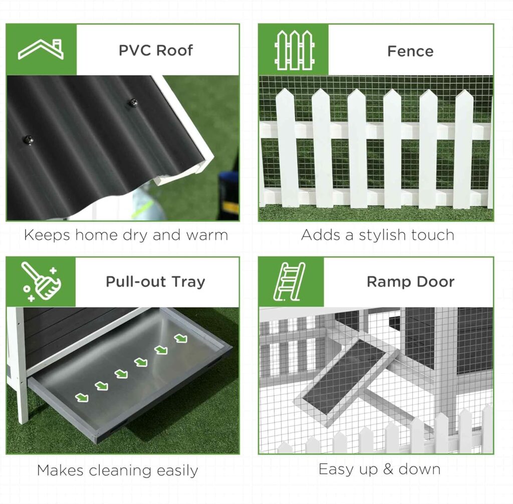 PawHut Wooden Chicken Coop with Run for 3-4 Chickens, Hen House with Nesting Box, Removable Tray, Fence, Outdoor Poultry Cage, 68 x 59 x 42, Gray