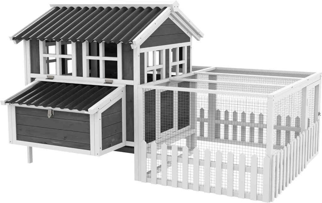 PawHut Wooden Chicken Coop with Run for 3-4 Chickens, Hen House with Nesting Box, Removable Tray, Fence, Outdoor Poultry Cage, 68 x 59 x 42, Gray