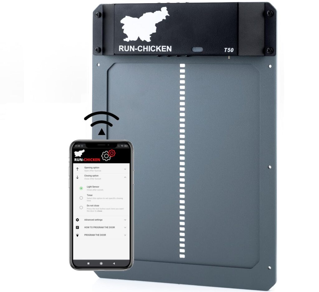 RUN-CHICKEN Door (Gray) Automatic Chicken Coop Door, Timer and Programmable Light Sensor, Battery Powered, Evening and Morning Delay, Chicken Coop Door Opener, Chicken Accessories, Model T50