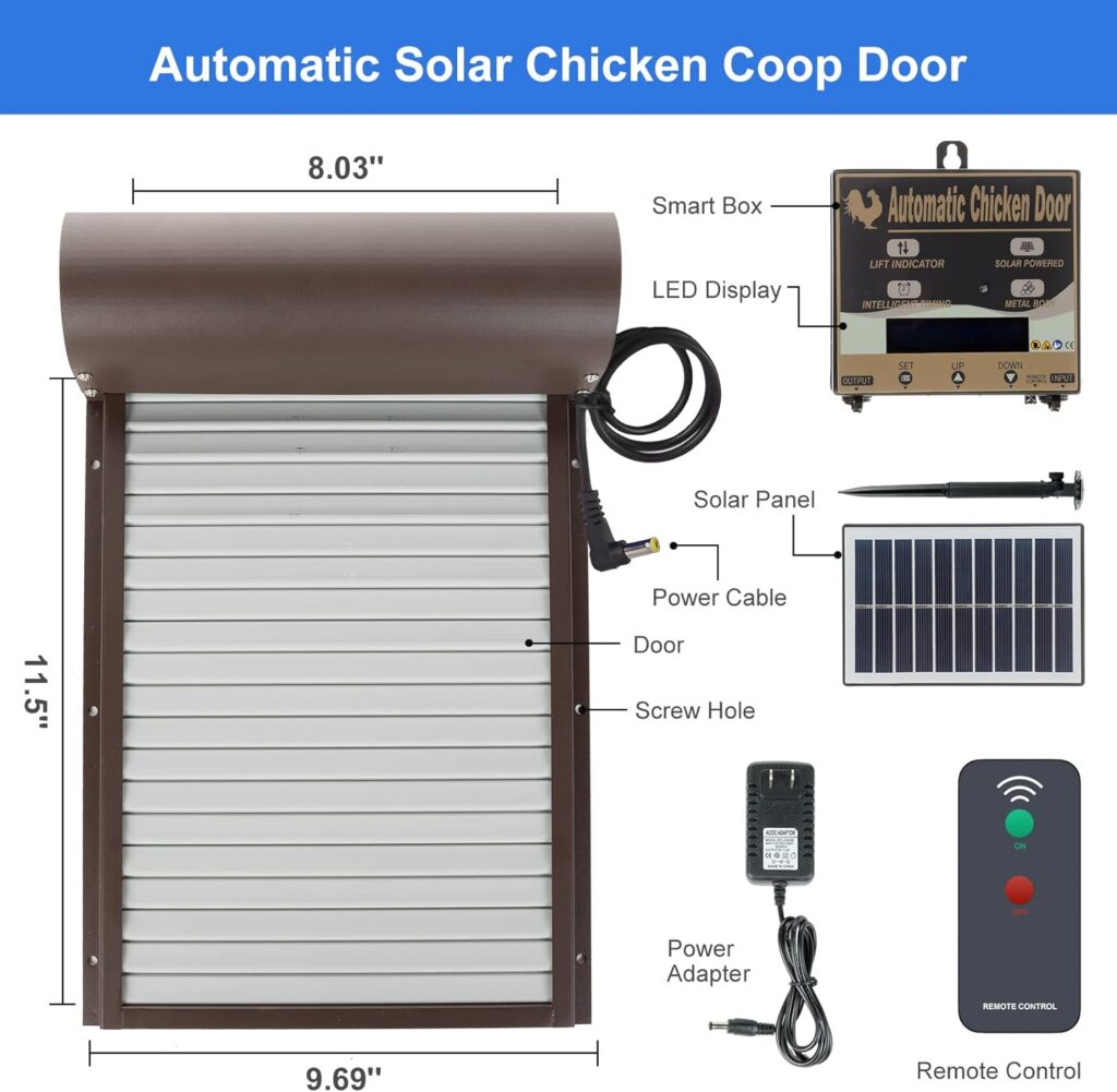 Solar-Powered Automatic Chicken Coop Door Opener with Timer, Light Sensor, and Remote Control - Aluminum Coop Door with Multiple Modes