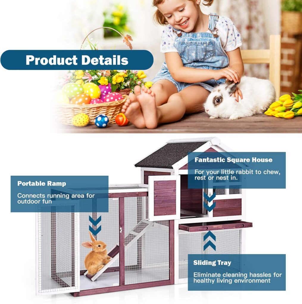 Tangkula Rabbit Hutch, Indoor Outdoor Bunny Cage with Run, Wooden Rabbit Cage with Waterproof Roof  Pull Out Tray, Chicken Coop Pet House for Rabbits, Chicken and Guinea Pigs (White)