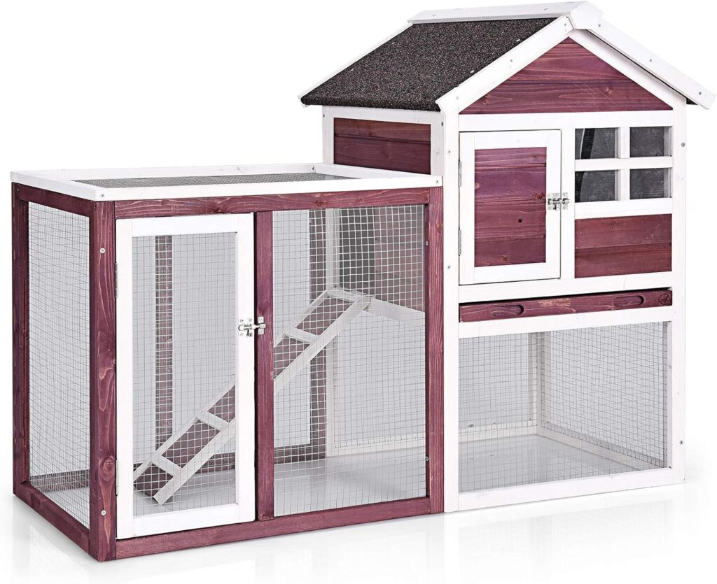 Tangkula Rabbit Hutch, Indoor Outdoor Bunny Cage with Run, Wooden Rabbit Cage with Waterproof Roof  Pull Out Tray, Chicken Coop Pet House for Rabbits, Chicken and Guinea Pigs (White)