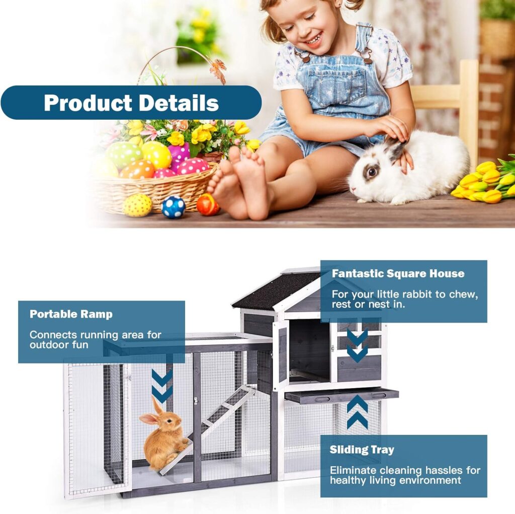Tangkula Rabbit Hutch, Indoor Outdoor Bunny Cage with Run, Wooden Rabbit Cage with Waterproof Roof  Pull Out Tray, Chicken Coop Pet House for Rabbits, Chicken and Guinea Pigs (White)