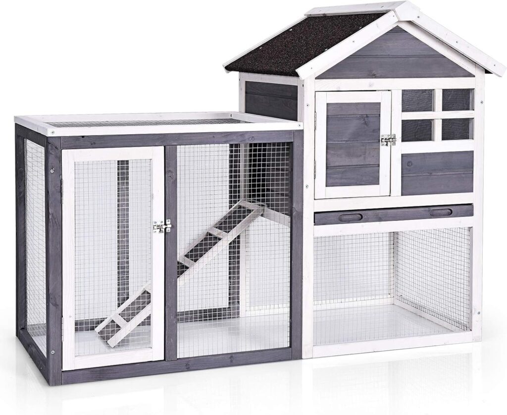 Tangkula Rabbit Hutch, Indoor Outdoor Bunny Cage with Run, Wooden Rabbit Cage with Waterproof Roof  Pull Out Tray, Chicken Coop Pet House for Rabbits, Chicken and Guinea Pigs (White)