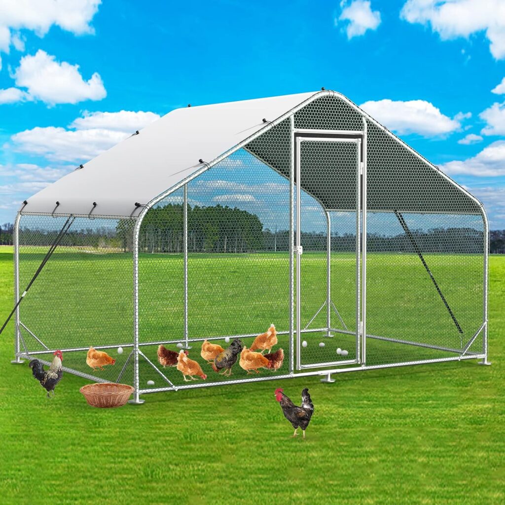 Unovivy Large Metal Chicken Coop Run, Walk-in Poultry Cage Heavy Duty Chicken Runs, Chicken Pen with Waterproof Cover, Ducks Rabbits Habitat Spire Shaped Outdoor Farm Use