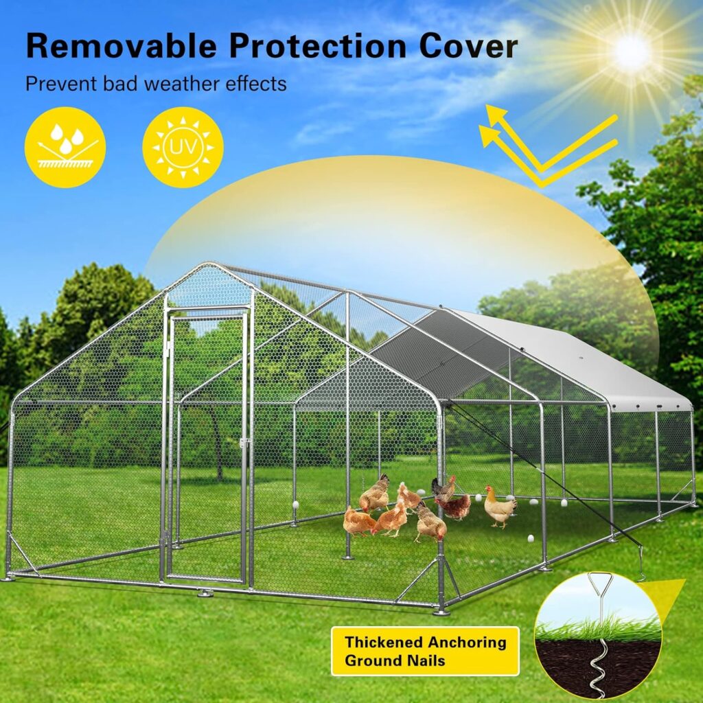 Unovivy Large Metal Chicken Coop Run, Walk-in Poultry Cage Heavy Duty Chicken Runs, Chicken Pen with Waterproof Cover, Ducks Rabbits Habitat Spire Shaped Outdoor Farm Use